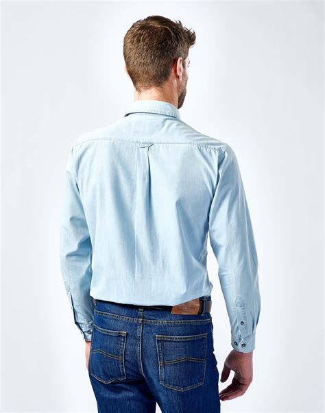 prada blue button up|Light Blue Chambray shirt .